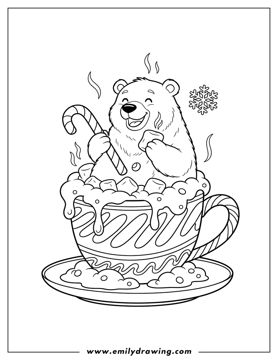 Coloring page of smiling Polar Bear bathing in an overflowing hot chocolate mug