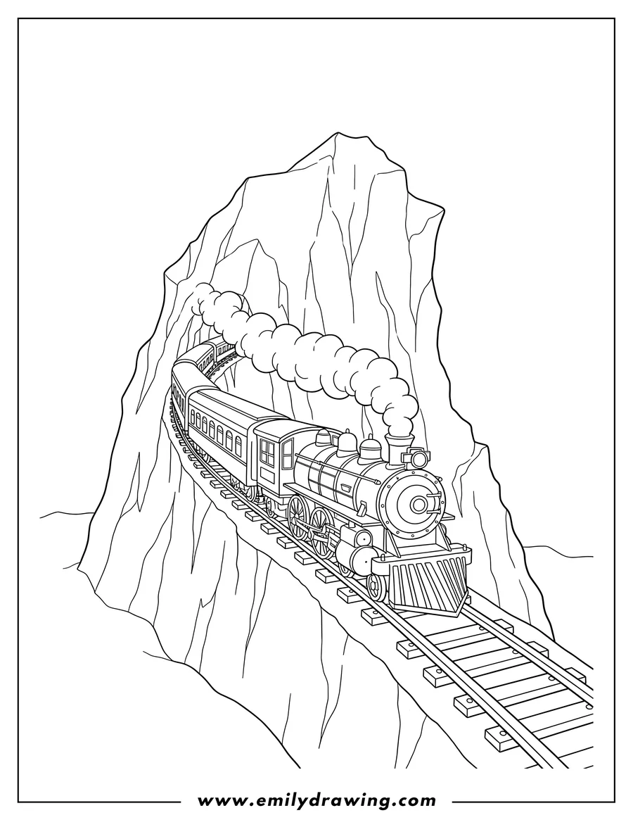Vector style outline of polar Express train moving along a track built into the side of a large iceberg