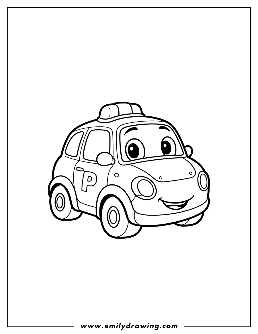 Coloring page of poli Police Car Preschoolers Scaled, with friendly eyes, a roof siren, and a 'P' on its side