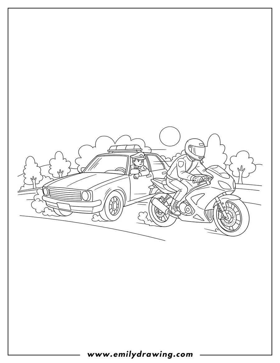 Clean line drawing: police Car Chasing Helmeted Criminal On Motorcycle
