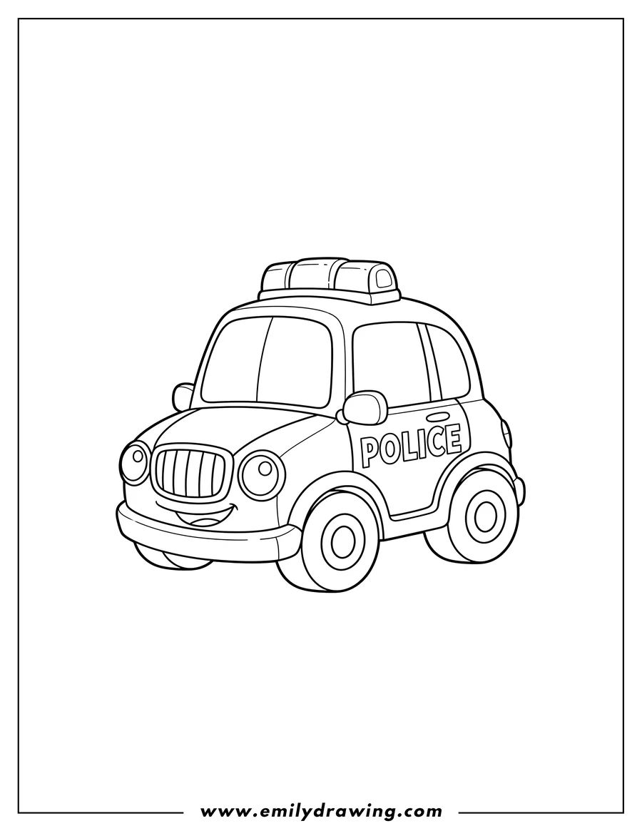 Doodle style coloring picture of preschooler-scaled police car coloring page, with 'POLICE' text and multiple sirens