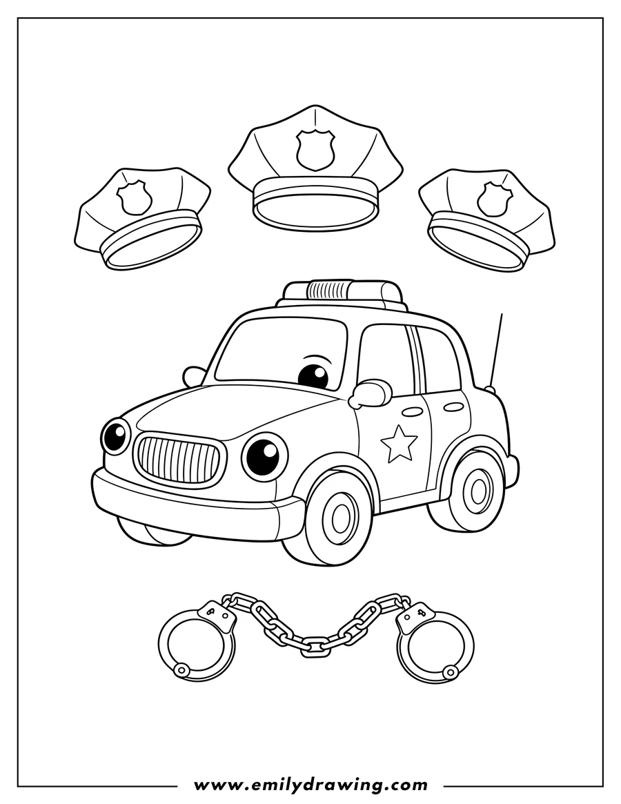 PDF style coloring page: A police car with multiple police hats and handcuffs arranged above and below it