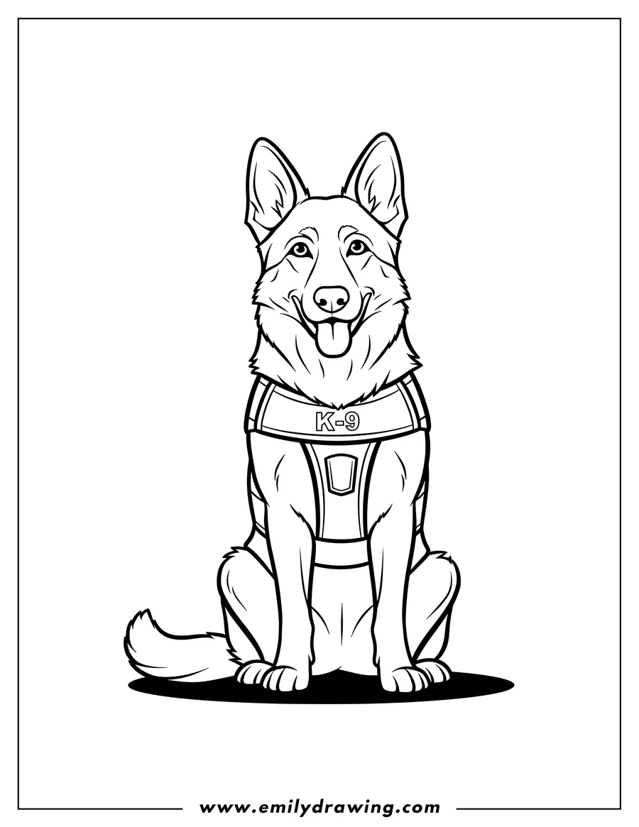 Coloring page of police K 9 German Shepherd, sitting and wearing a K-9 vest