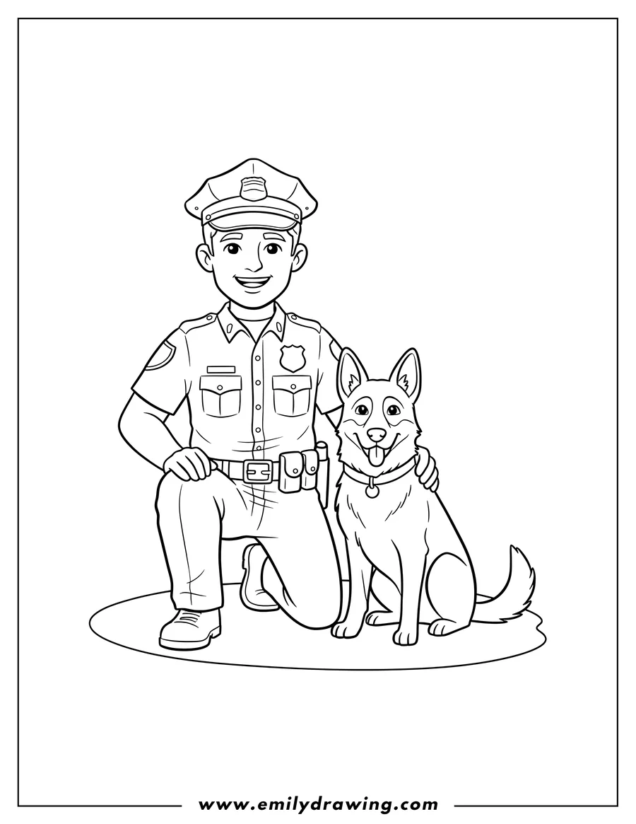 High quality printable police Officer kneeling with a K 9 Dog sitting for coloring