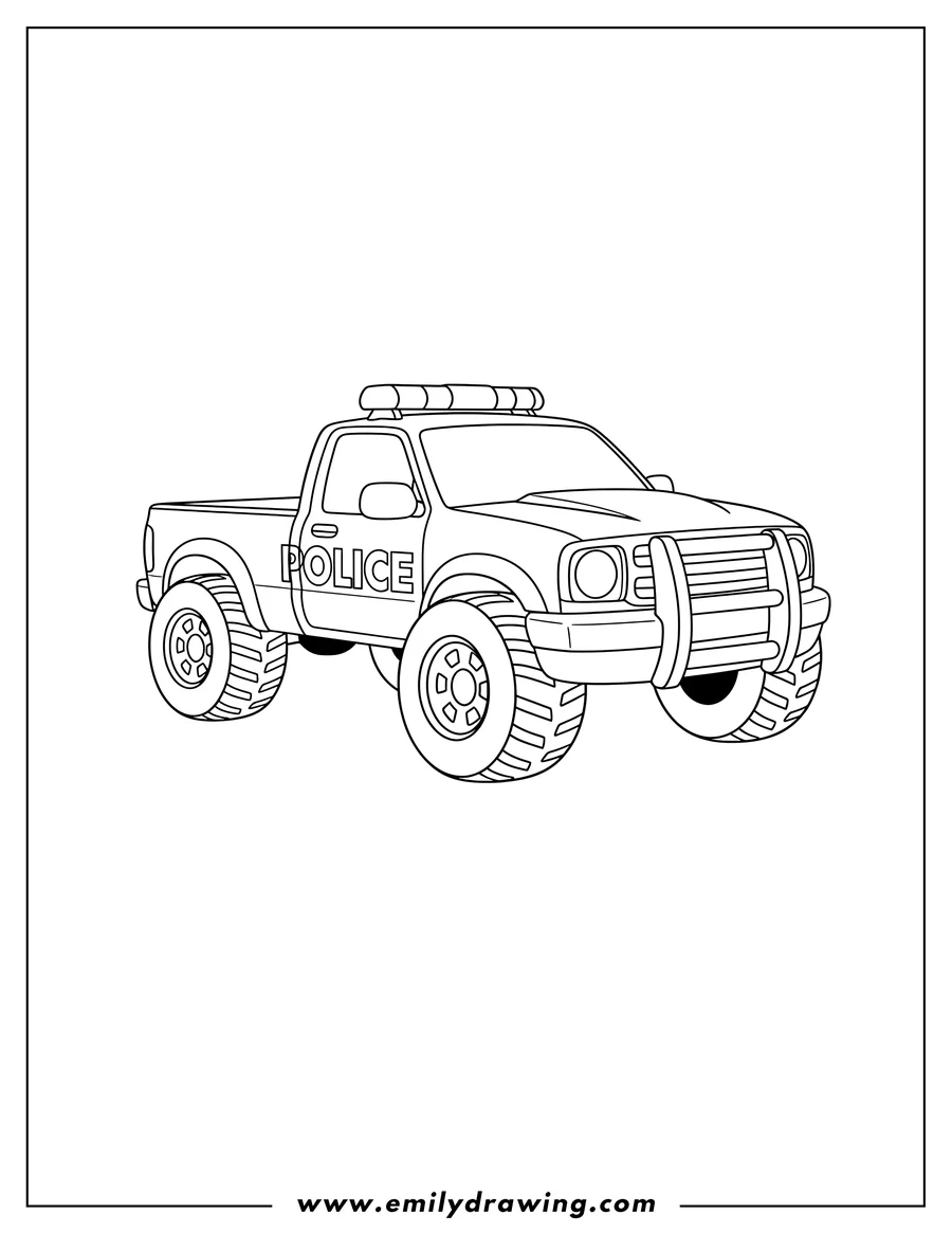 Free printable coloring sheet of police pickup truck with 'POLICE' written on the side and a push bar on the front