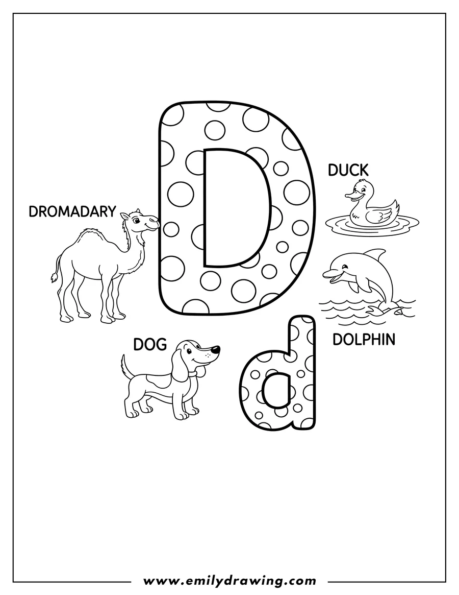 PDF style coloring page: polka Dot Big And Small Letter D With Dromedary Dog Dolphin And Duck, each with its name written next to it