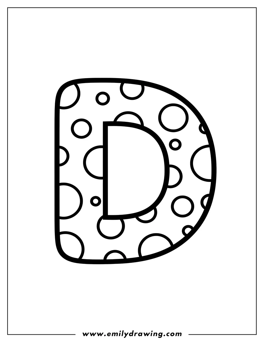 Free to print drawing of polka Dot Uppercase Letter D with empty circles for coloring, thick black outline