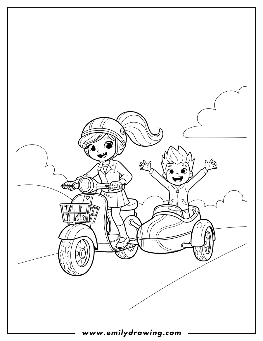 Downloadable coloring page of polly Pocket driving a scooter with sidecar, Nikolas shouting from the sidecar
