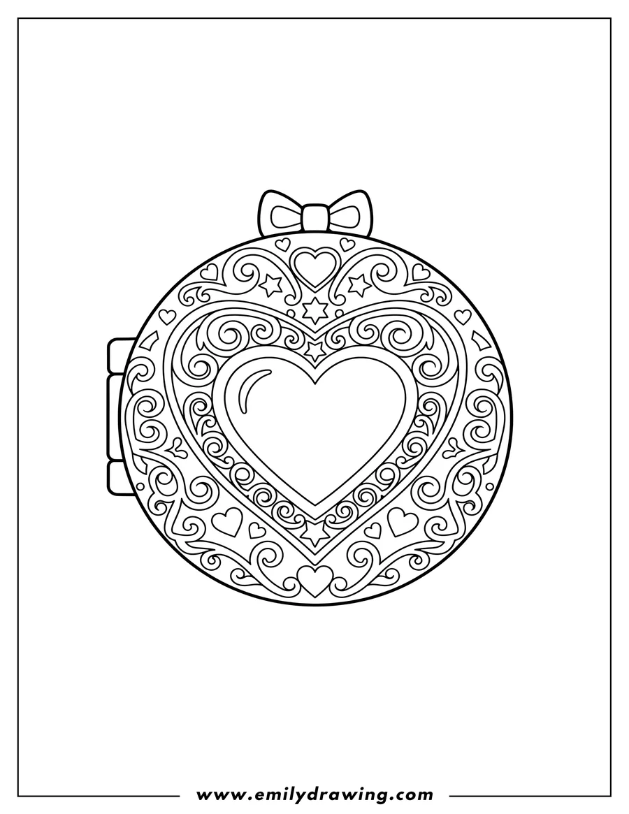 Coloring page of polly Pocket Locket with a central heart design and ornate details