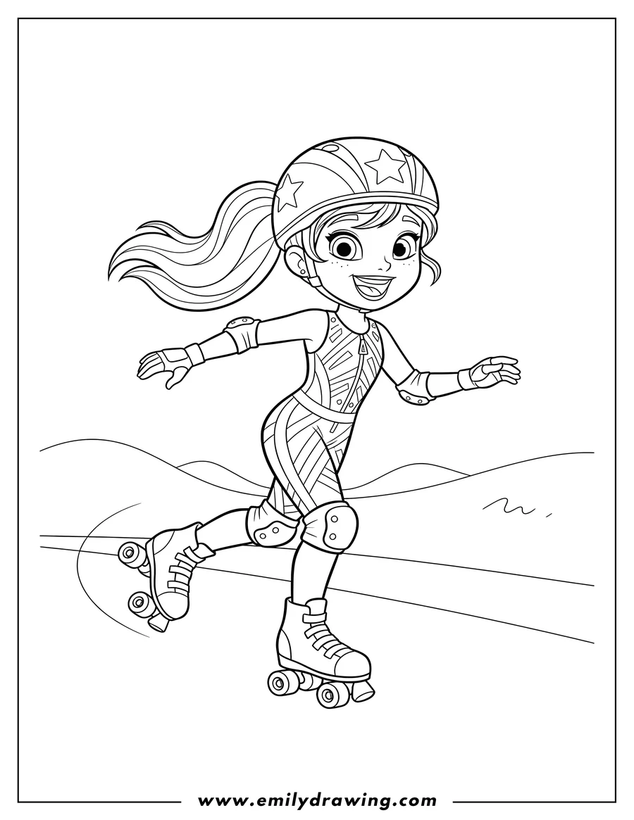 Linear illustration of polly Pocket roller skating and smiling