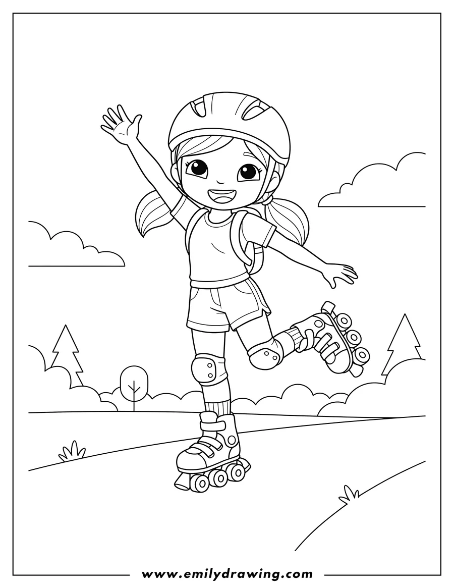 Doodle style coloring picture of polly Pocket girl rollerblading with one leg up, arm raised, and smiling