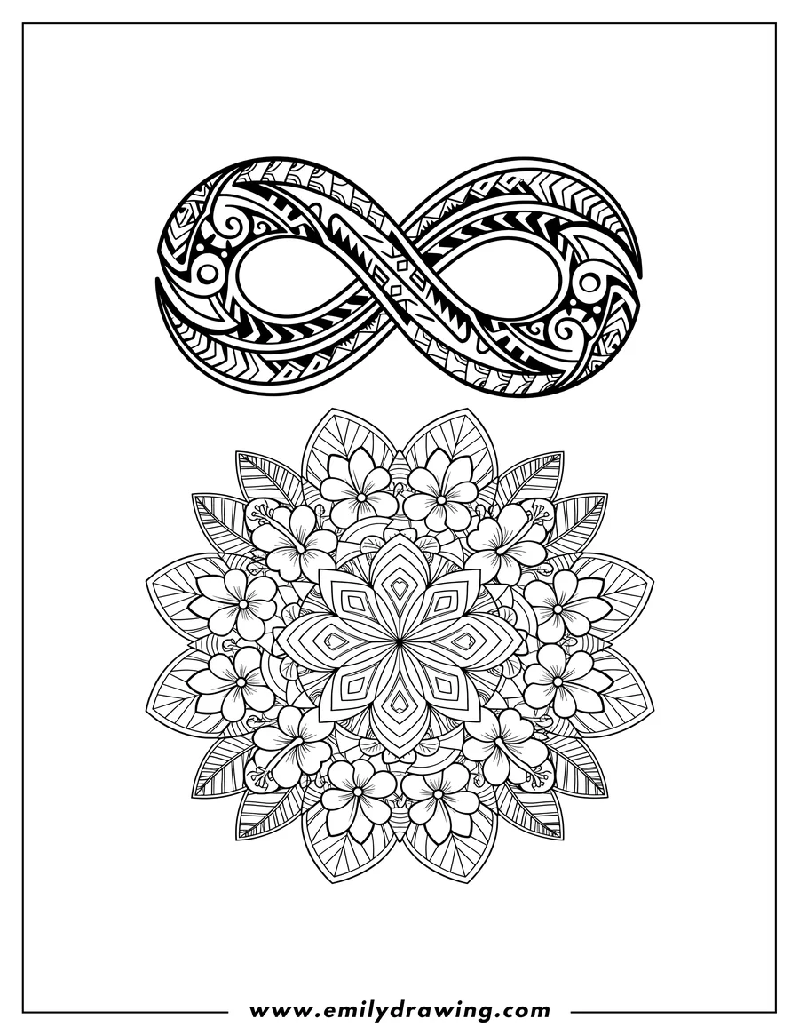 Downloadable coloring page of polynesian tribal design featuring an eternity symbol and a flower mandala, stacked vertically