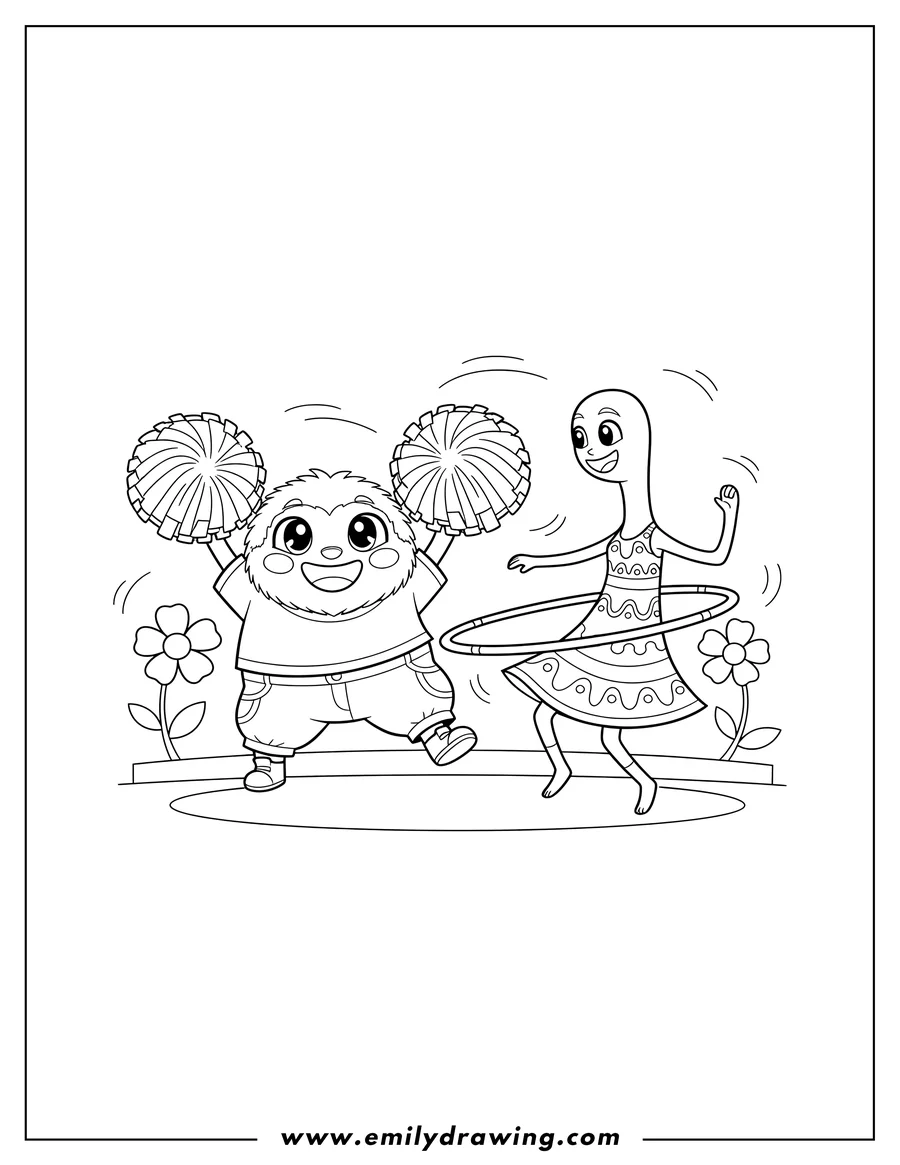 Black and white line art of pompom And Hoola Dancing, Pompom with pompoms and Hoola with a hula hoop