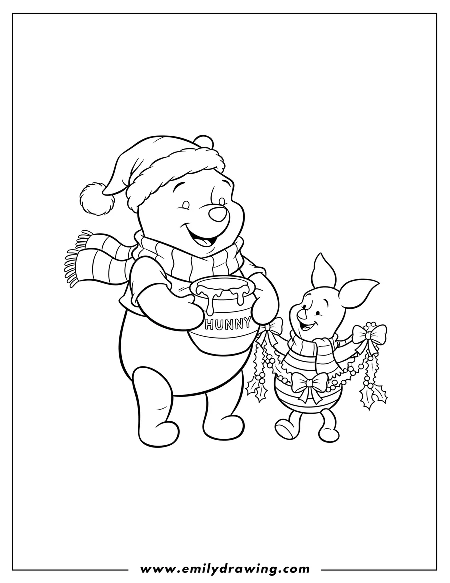 Outline drawing of winnie the Pooh wearing a Santa hat and scarf holding a honey pot, and Piglet in a scarf holding a festive garland with bows