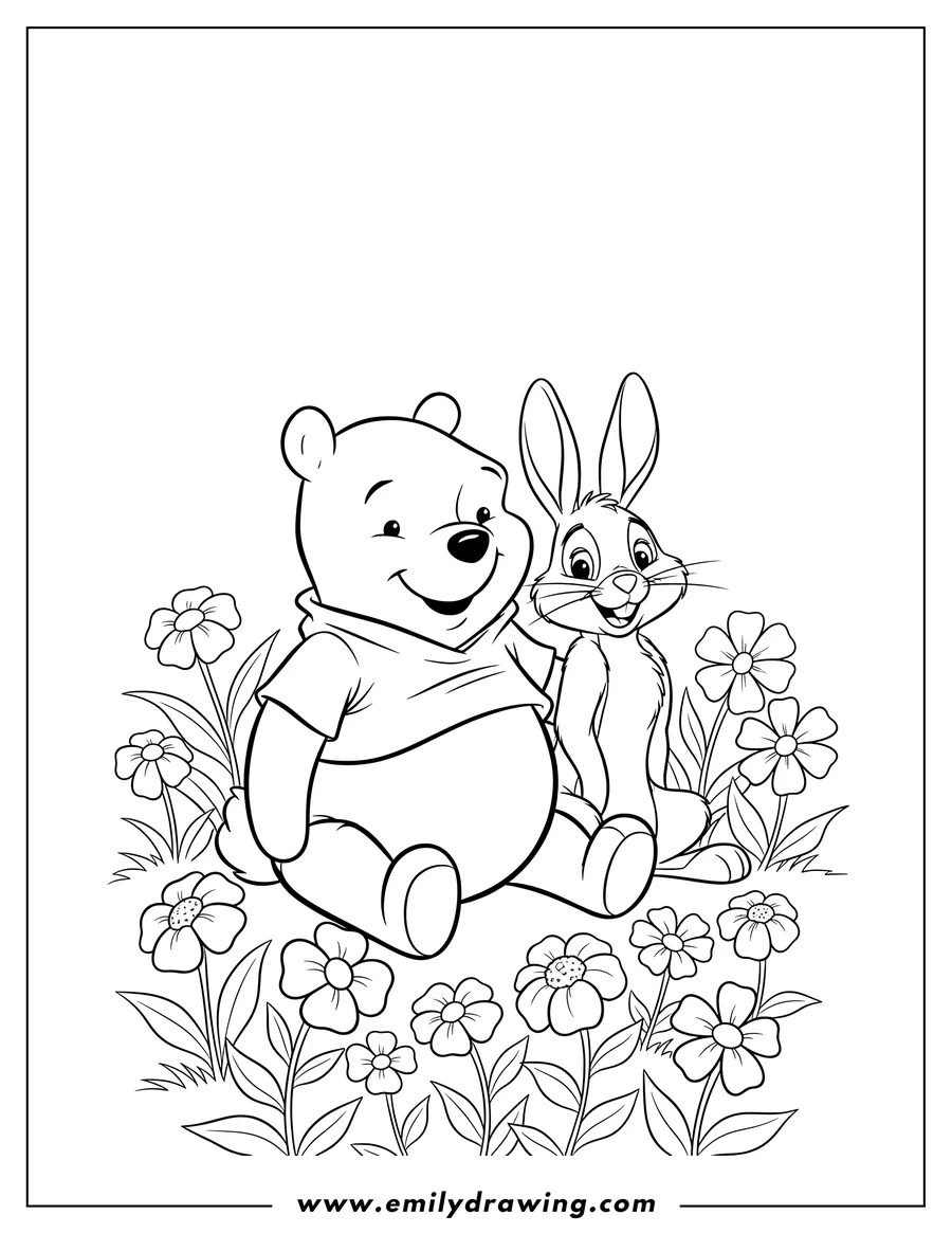 Printable line art of winnie Pooh and Rabbit smiling, sitting side-by-side in a flower field