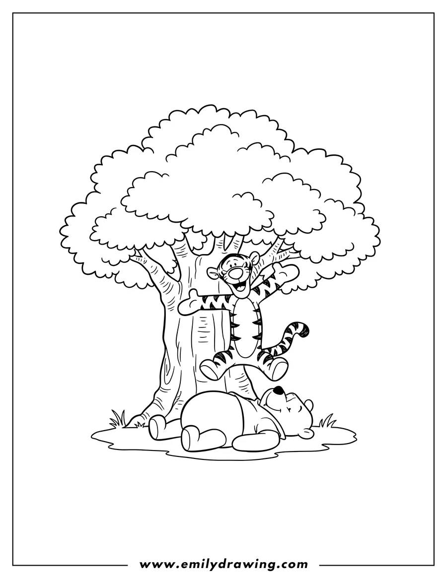 Downloadable coloring page of pooh and Tigger playing under a tree, with Pooh lying on his back and Tigger standing on his belly