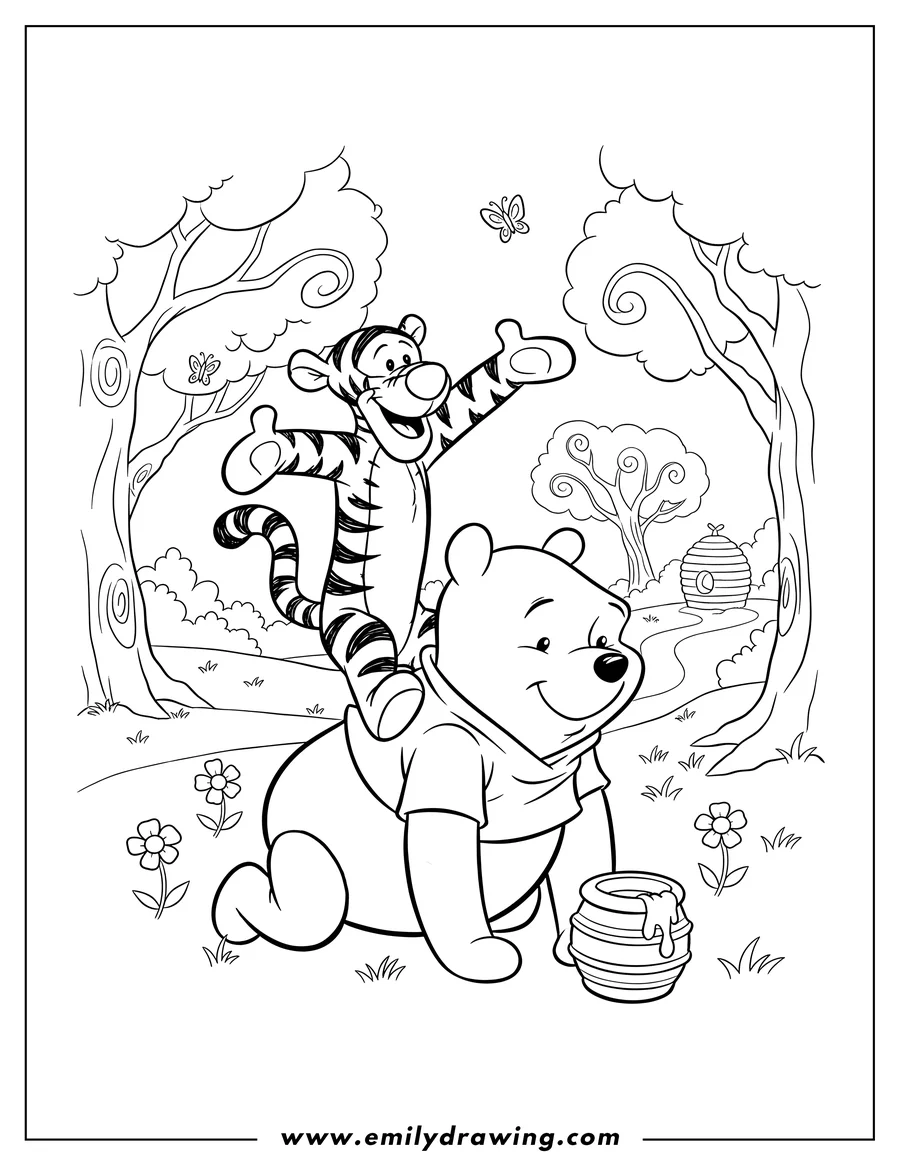 Printable line art of pooh and Tigger playing, with Tigger bouncing on Pooh's back