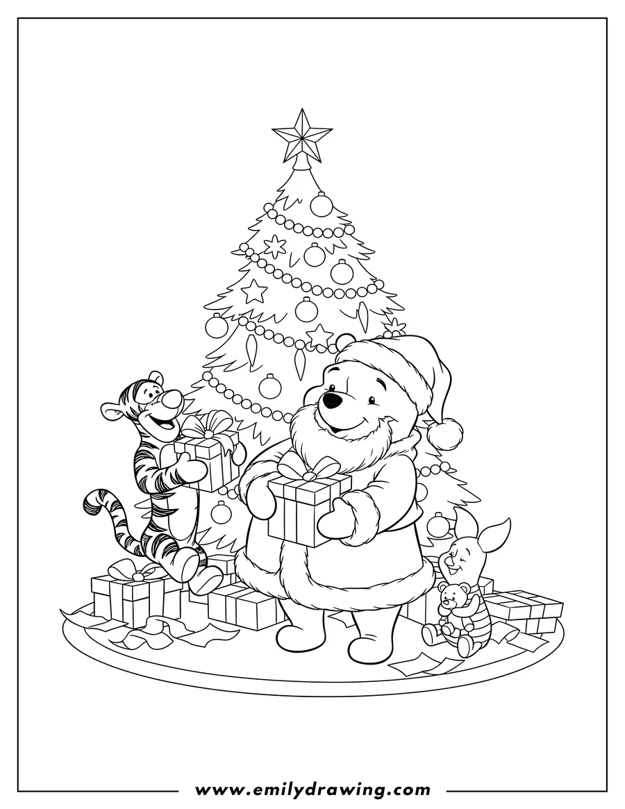 Full page coloring image of pooh Dressed As Santa, Tigger, and Piglet opening gifts by a Christmas tree