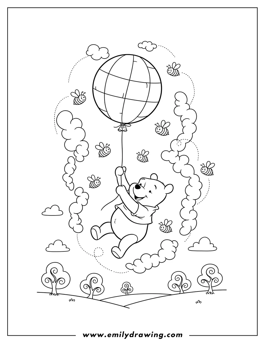 Free to print drawing of pooh soaring happily with a balloon, surrounded by bees