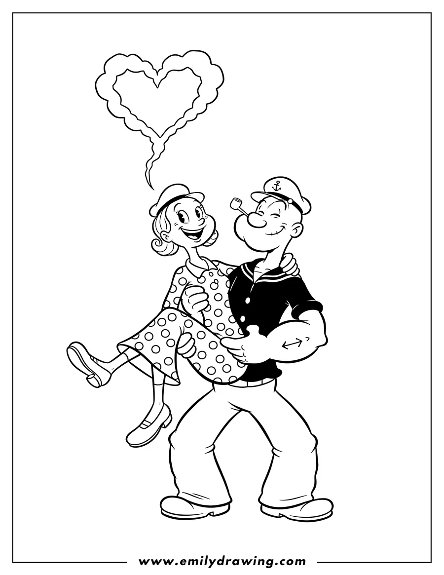 Free to print drawing of popeye Sailor Man carrying Olive Oyl in his arms, both smiling, with a heart from his pipe