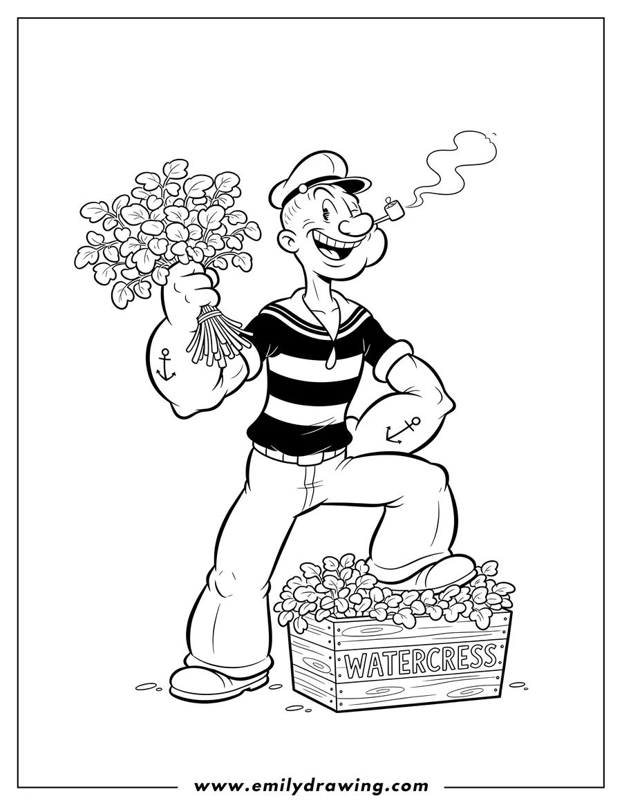 Simple sketch of popeye smiling, holding watercress, with a pipe in his mouth and his foot on a watercress crate to color
