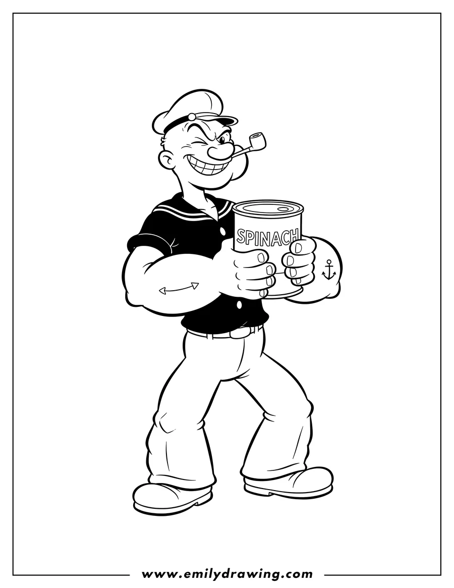 Printable line art of popeye winking and flexing his arm while holding a can of spinach, with a pipe in his mouth
