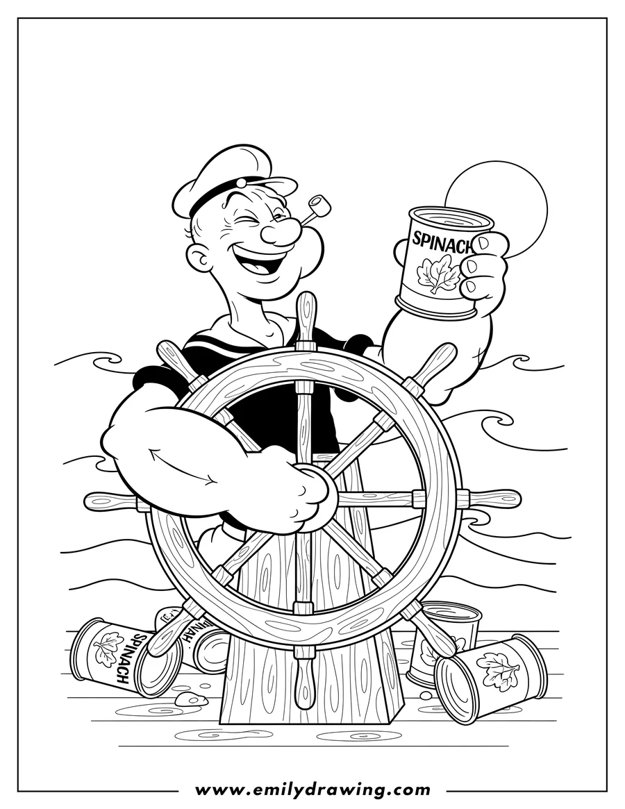 High quality printable popeye Inside Helm, winking, laughing, with muscular arms and spinach cans for coloring