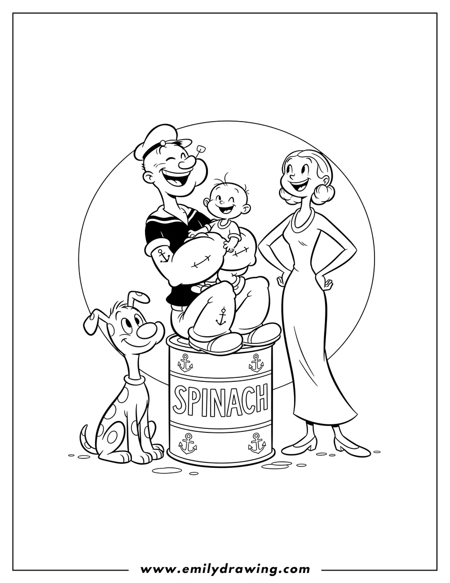 Full page coloring image of popeye laughing and holding Swee'Pea sitting on a spinach can, with Olive Oyl posing happily and Eugene the Jeep