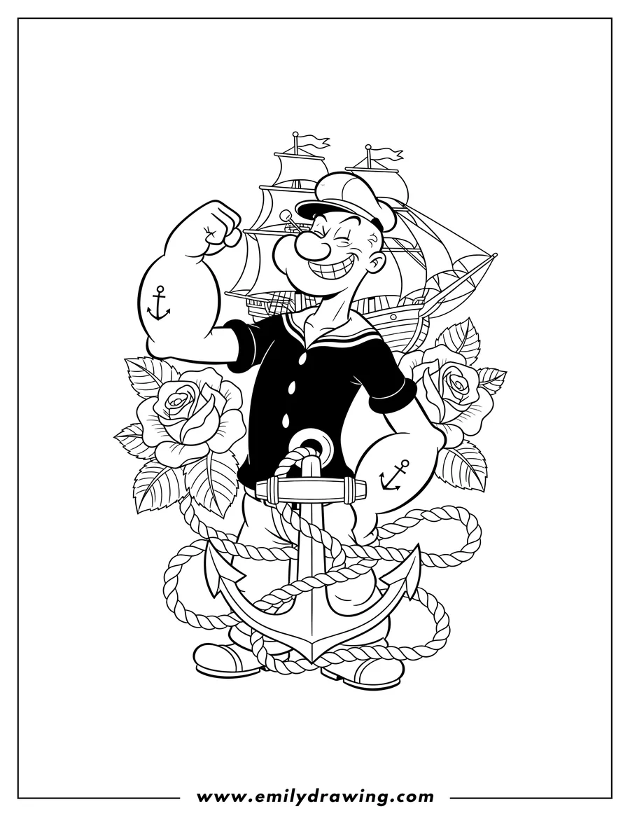 Coloring page for kids: popeye Sailor Man logo with Popeye grinning and flexing his arm, a sailing ship, roses, an anchor, and a rope frame