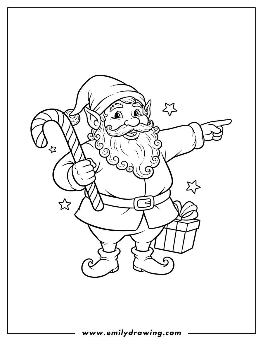 High quality printable poppa Elf holding a candy cane and pointing for coloring
