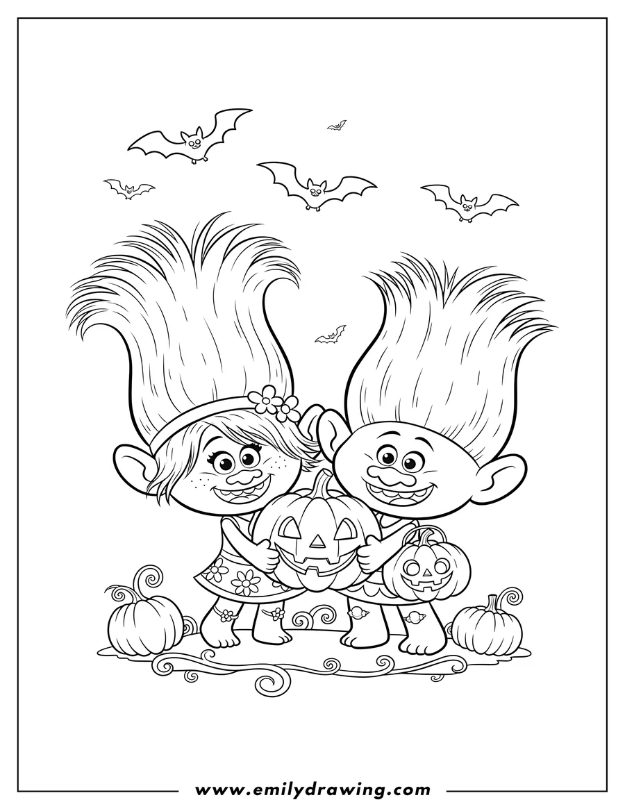 PDF style coloring page: trolls Movies: Poppy and Branch with jack-o'-lanterns and bats