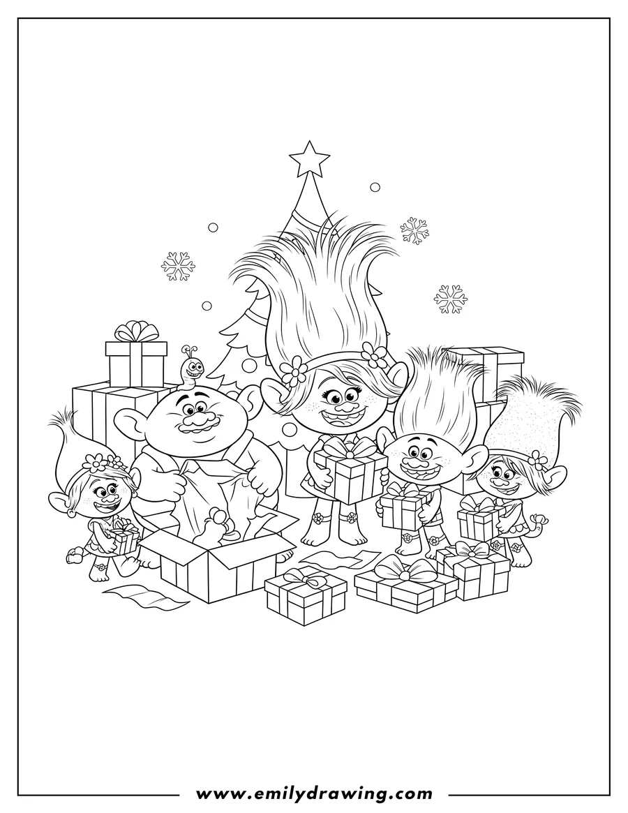 Clean line drawing: poppy, Biggie, Branch, and other Troll Friends opening Christmas presents, with Poppy and Branch holding gifts