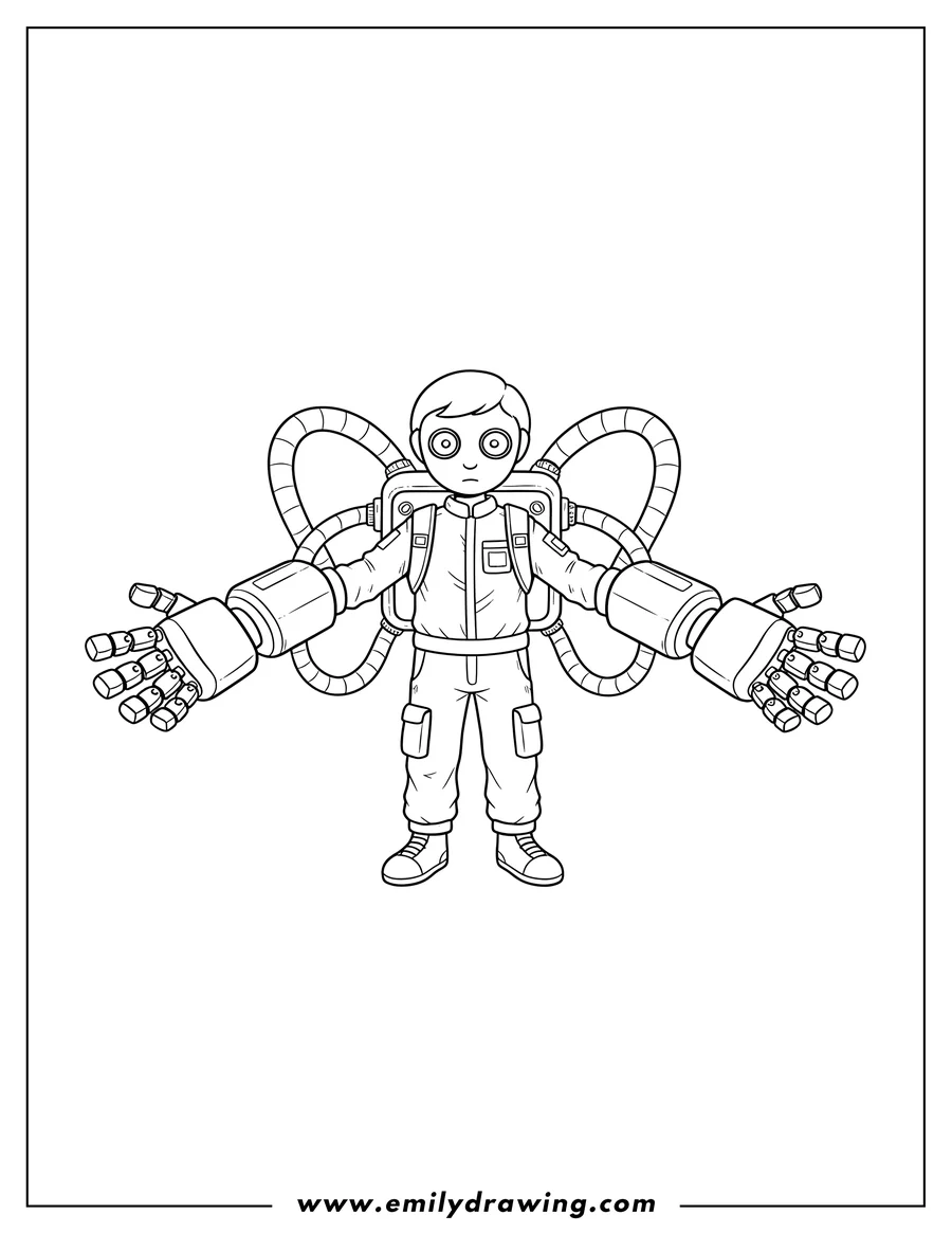 Vector style outline of poppy Playtime Player Wearing Grabpack with robotic hands, arms extended forward, palms open
