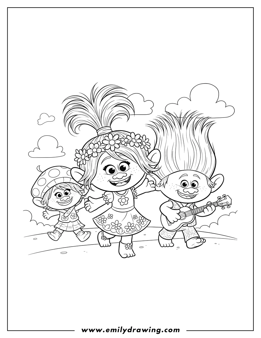 Black and white line art of poppy with a flower crown, Branch, and Troll friends walking cheerfully
