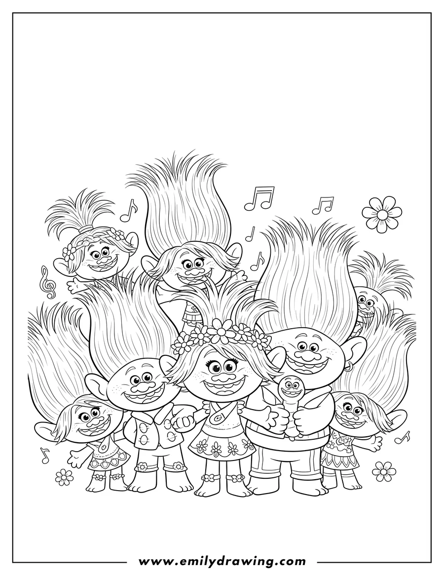 Vector style outline of poppy with flower crown, Branch, Biggie holding Mr. Dinkles, and Troll friends, all smiling