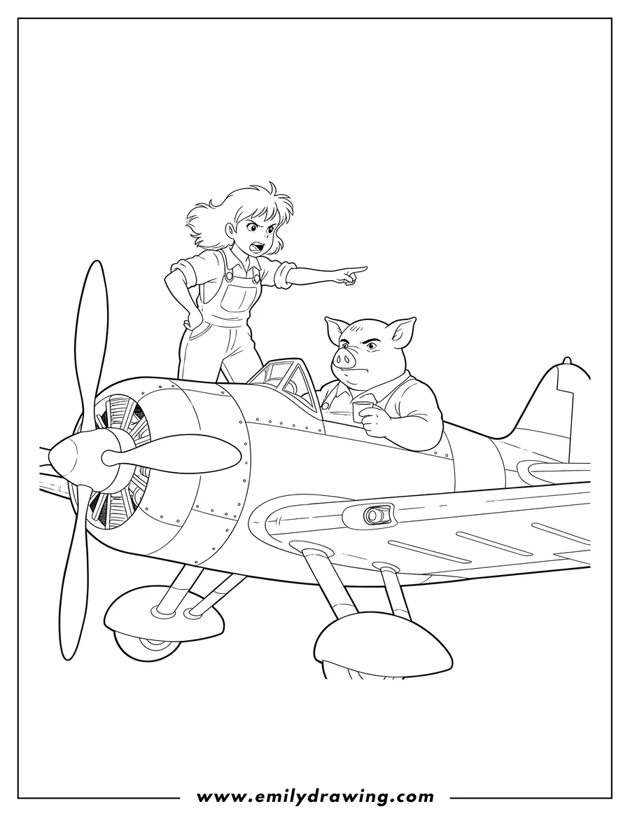 Linear illustration of porco Rosso, the pig aviator, sitting in his plane with a drink and pensive look, being scolded by Fio who is standing on the wing