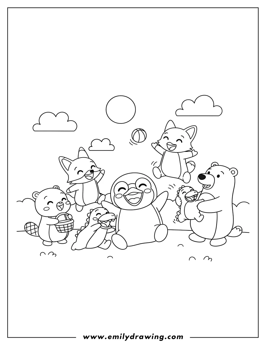 Black and white line art of pororo and his friends playing together, with Pororo laughing