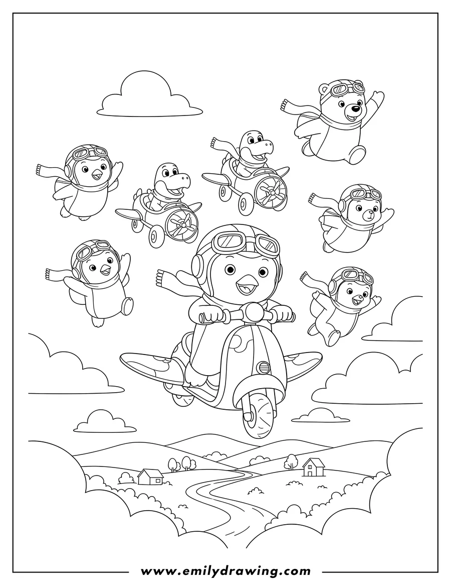 PDF style coloring page: pororo on a scooter and Crong in a small car, flying with friends
