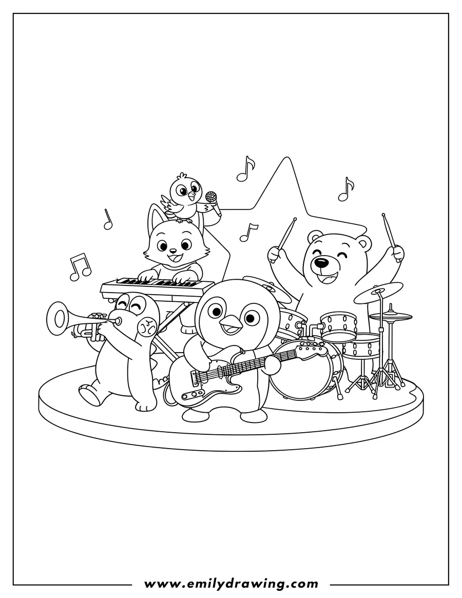 Outline drawing of pororo, Poby, Crong, Eddy, and Harry playing in a band, with Pororo on guitar, Poby on drums, and Crong on trumpet