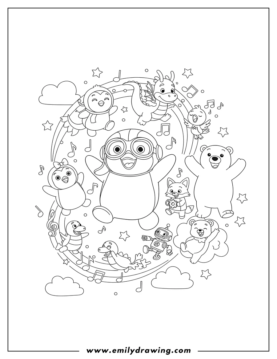 Black and white line art of pororo With Petty Crong Harry Tongtong Eddy Poby Rody And Loopy floating happily with musical notes and stars