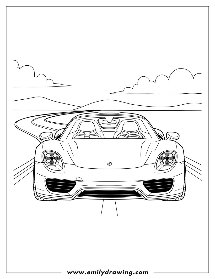 Coloring sheet featuring A Porsche 918 Spyder, front view, on a curving road