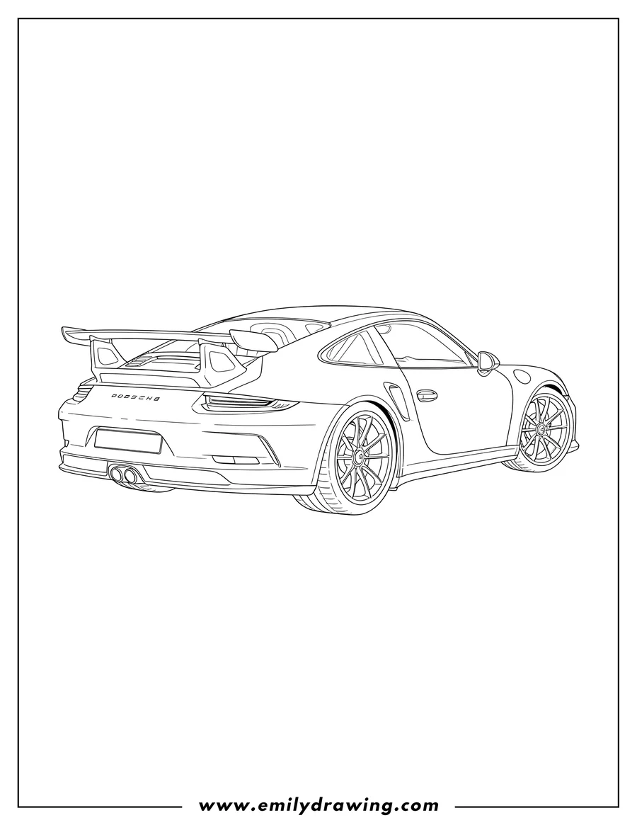 Free to print drawing of porsche Gt3 Angled View with license plate and rear spoiler