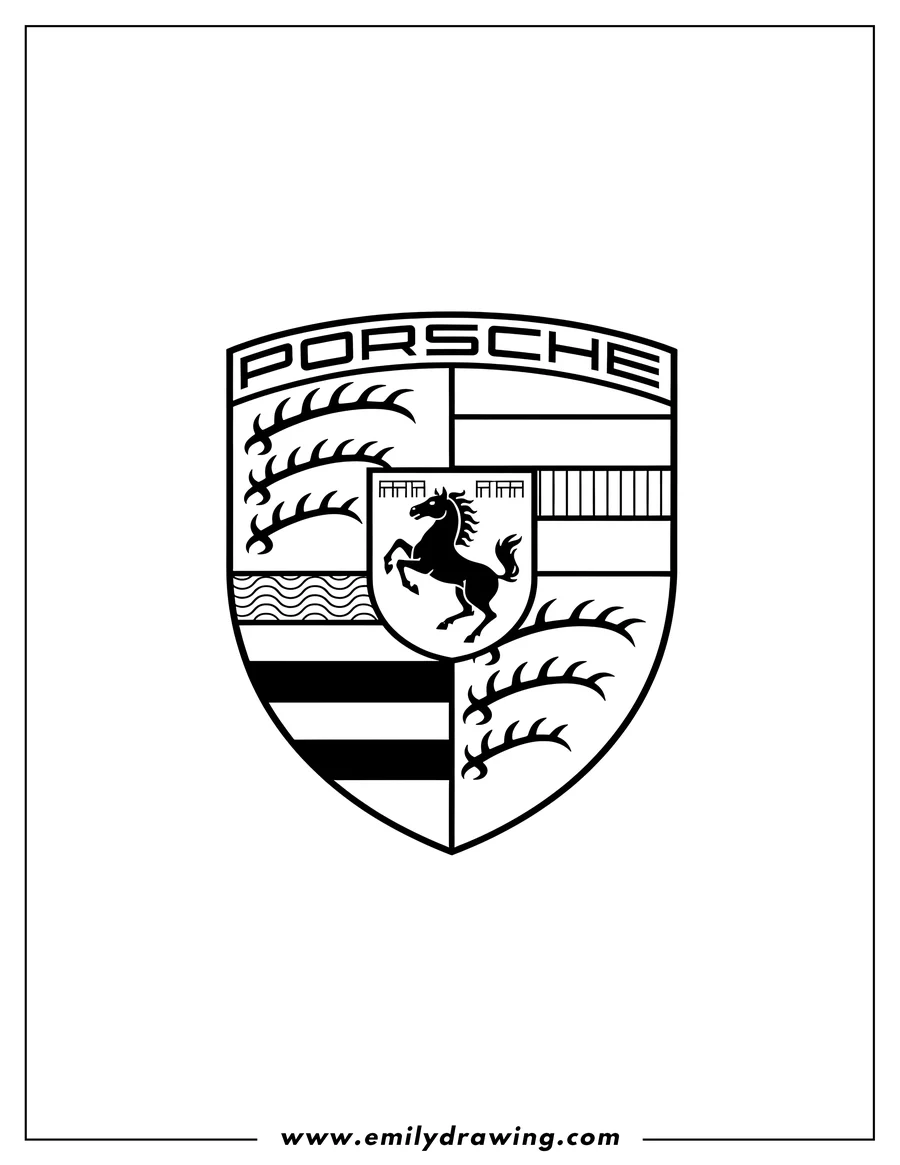 Simple sketch of porsche Logo, a shield with a horse and antlers to color