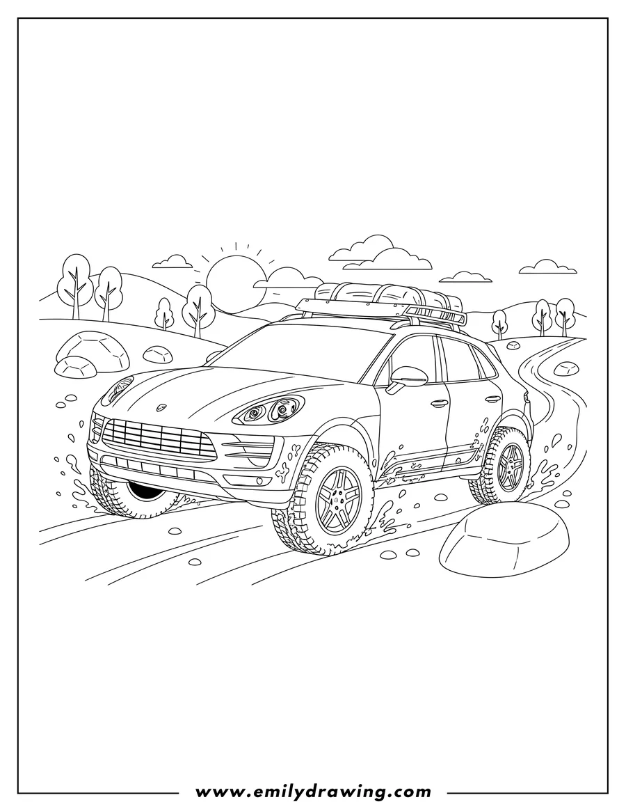 Linear illustration of porsche Macan Off Roading, front-left view