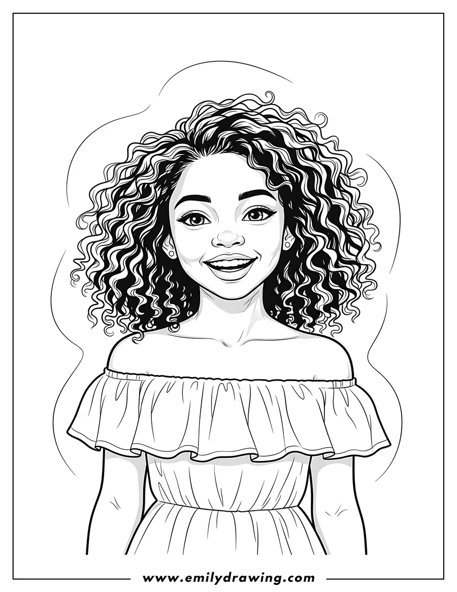 Free printable coloring sheet of black Girl Portrait in Off-the-Shoulder Dress with Curly Hair