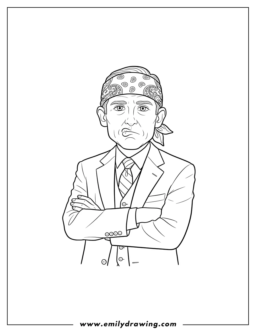 Linear illustration of pouting Michael Scott Wearing a patterned bandana and a suit
