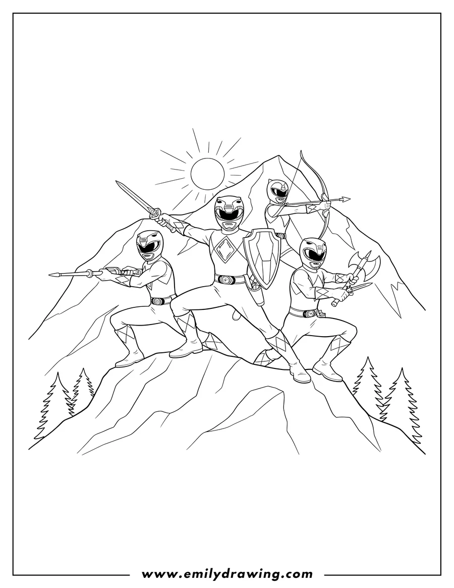 Linear illustration of power Rangers superheroes with weapons on a mountain
