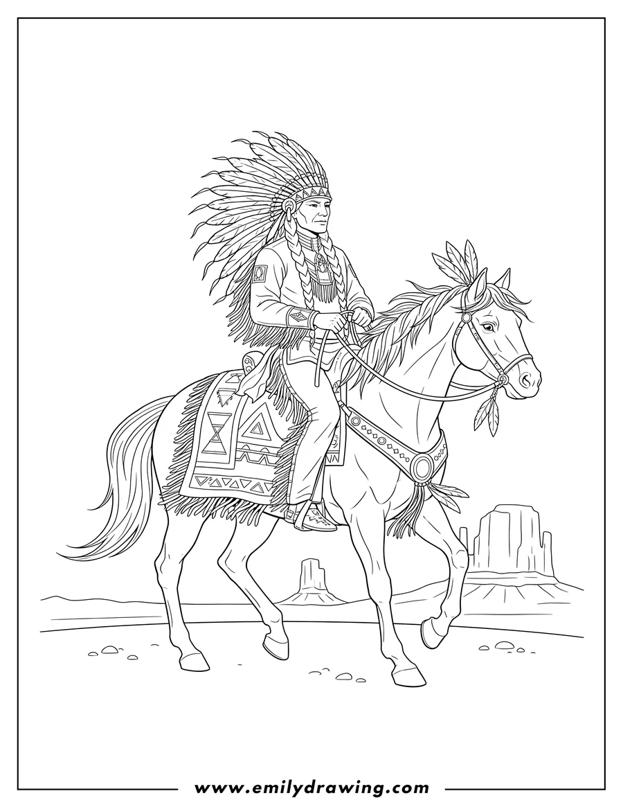 Full page coloring image of powerful Native American Chief with braids, wearing a feather headdress, holding reins while riding a decorated horse