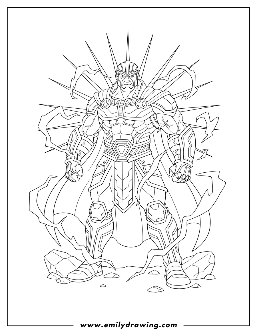 Downloadable coloring page of powerful Mortal Kombat Geras, surrounded by lightning