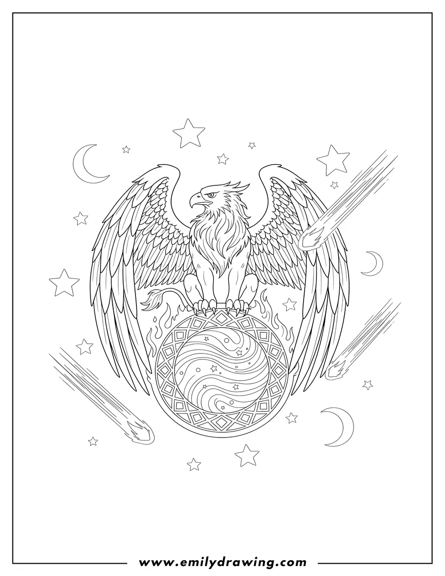 Linear illustration of powerful Griffin with spread wings, perched protecting a Star Gate with a flaming arch, with Comets and Night Sky